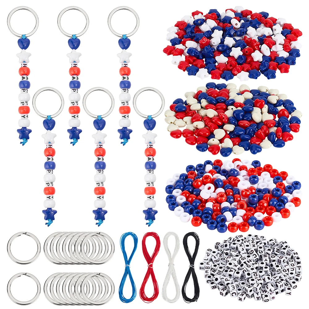 678pcs 4th of July Keychain Kit DIY Keychain Making Patriotic Heart Star Round Pony Bead Bulk Acrylic Beads with Keyring Waxed