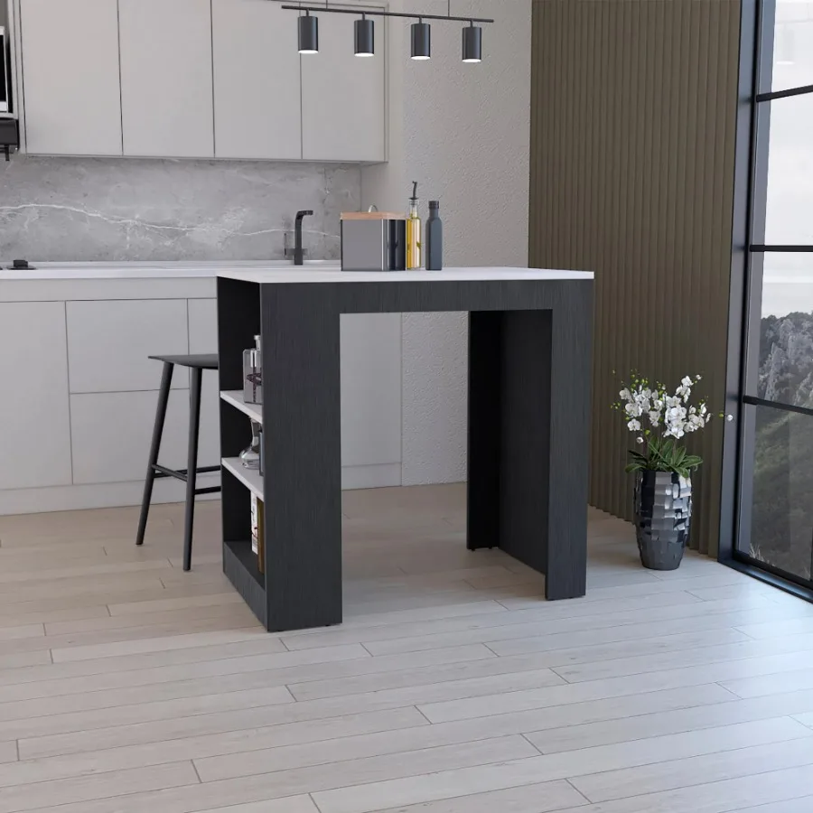 

Kitchen Island, Kitchen Bar Table 36 H, with 3-Side Shelves, White, gue/ Ibiza Marble Color Finish