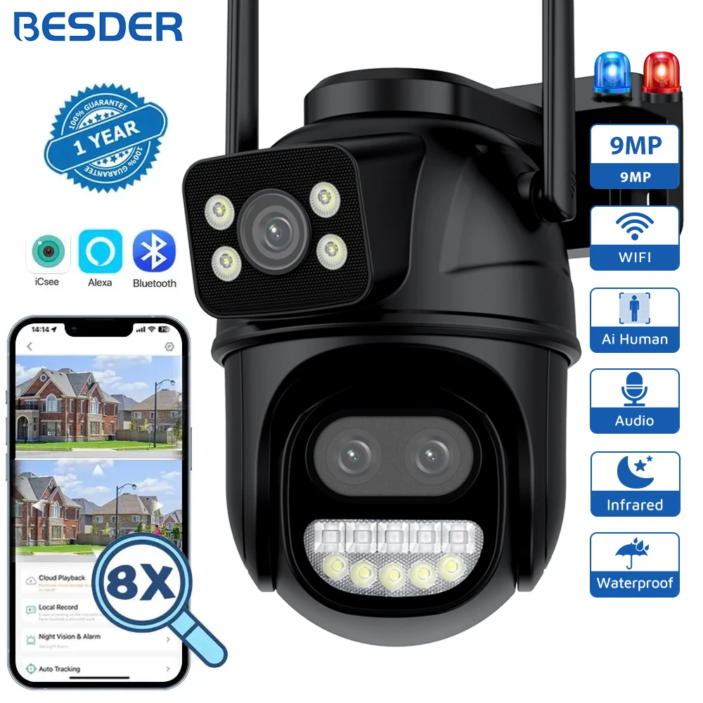 

BESDER 9MP Dual Screen Wifi Camera PTZ 8X Digital Zoom Color Night Vision Outdoor Security Protection 8MP CCTV IP Camera iCSee