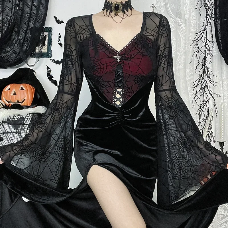 Goth Dark Weibliche Samt Beflockung Druck Flare Hülse Langes Kleid Elegante Party Kleid Spitze Splic Sexy Sheer Kleider Mall Gothic Schlank