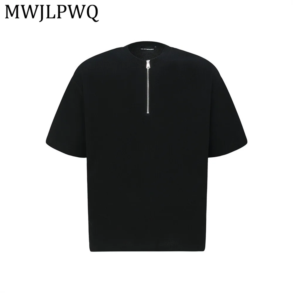 

MWJLPWQ American-Style Waffle Knit Solid Color Short-Sleeve T-Shirt Men Summer Sport Round-Neck Half-Zip Loose Casual Tops 16220
