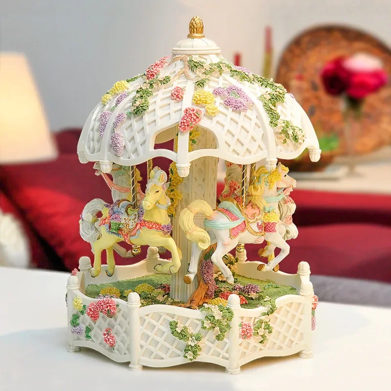 Creative Four Horse Carousel Music Box Large Courtyard Design Mechanical Wind Up Novelty Gift for Girlfriend Birthday Women