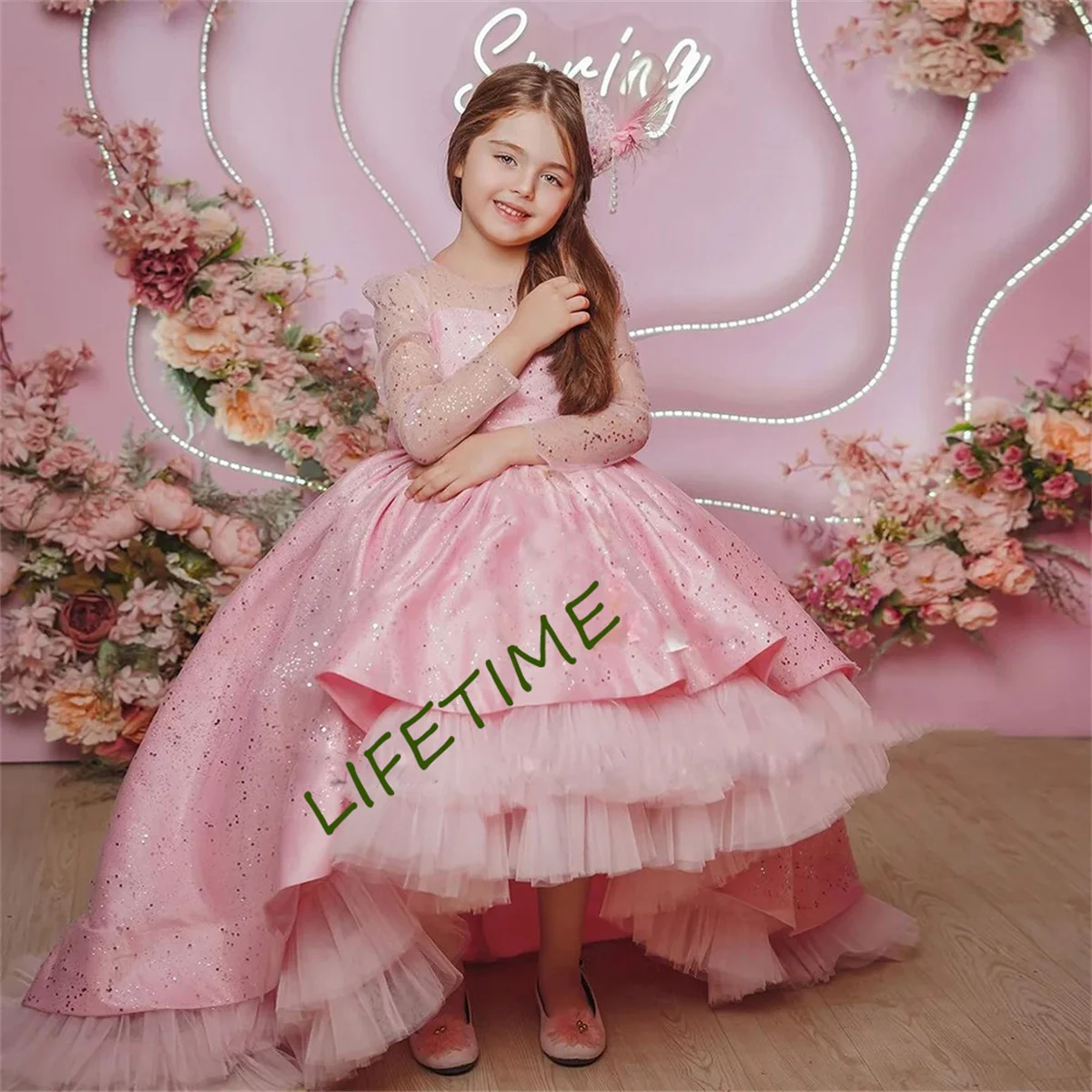 Pink Flower Girl Dress For Wedding O-neck Sequins Tulle With Bow Puffy Shining Elegant Princess First Communion Birthday Gowns