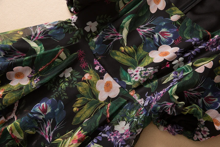 Vestido plissado em camadas com estampa de flores verdes femininas, roupas europeias e americanas, manga curta, gola quadrada, nova moda, outono, 2024