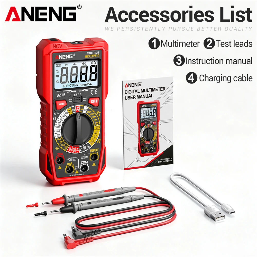 ANENG SZ15 digitale multimeter, oplaadbaar, 2000 meetbereiken, DC/AC-spanning, stroom, weerstand, capaciteit, NCV-test, diodetest, hFE-test.