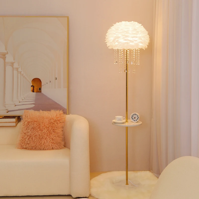 Feather floor lamp crystal storage coffee table living room bedroom bedside sofa light luxury Nordic cream wind vertical lamp