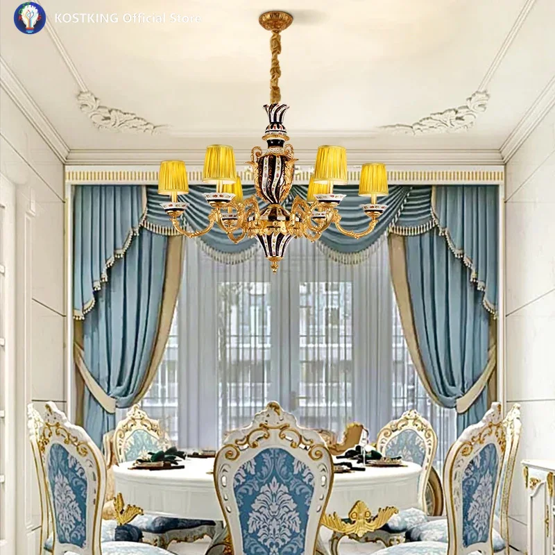 French Luxury Exquisite Porcelain Living Room Chandelier, Brass Classical Cylindrical Fabric Lampshade