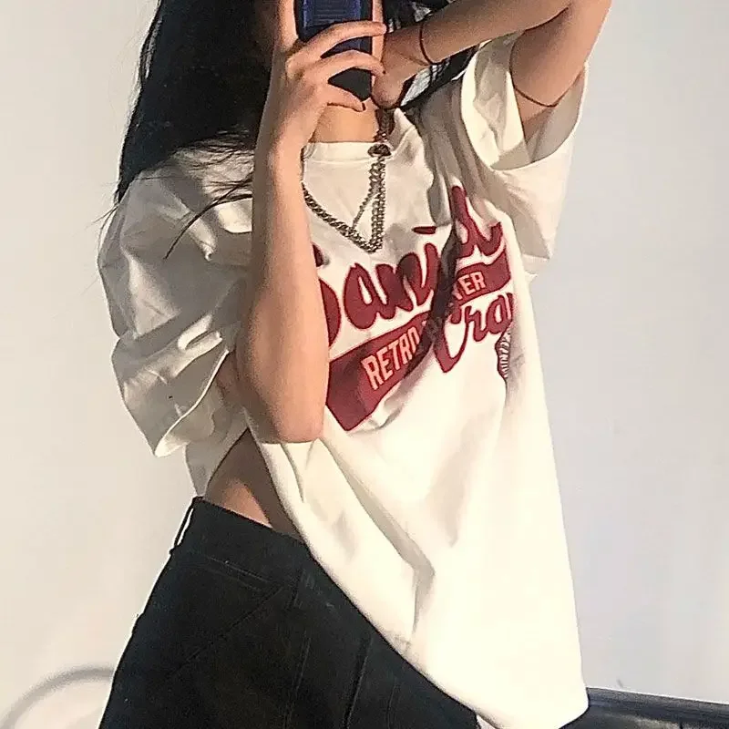 T-shirt da donna retrò a maniche corte mezza femminile T-shirt oversize top versione coreana allentata Harajuku Y2k Top estetica