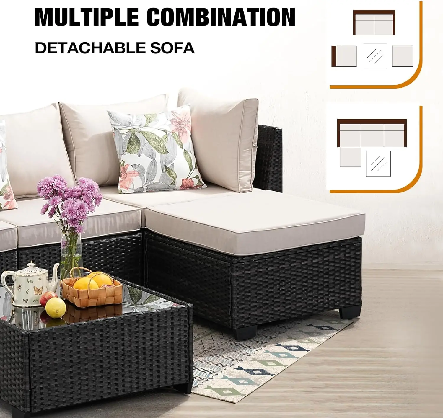 All-Weather Outdoor Wicker Móveis Set com Almofada, Pátio Assentos, Secional Conversação Sofá, Rattan, 5 pcs, 6 pcs, 7 pcs