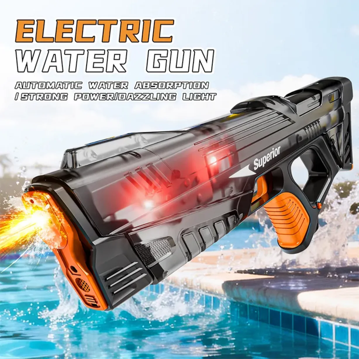 

Outdoor Toy Electric Water Gun With light Sprays Flame Effect Powerful Squirt Automatic Water Suction Blasters Summer Beach Toy