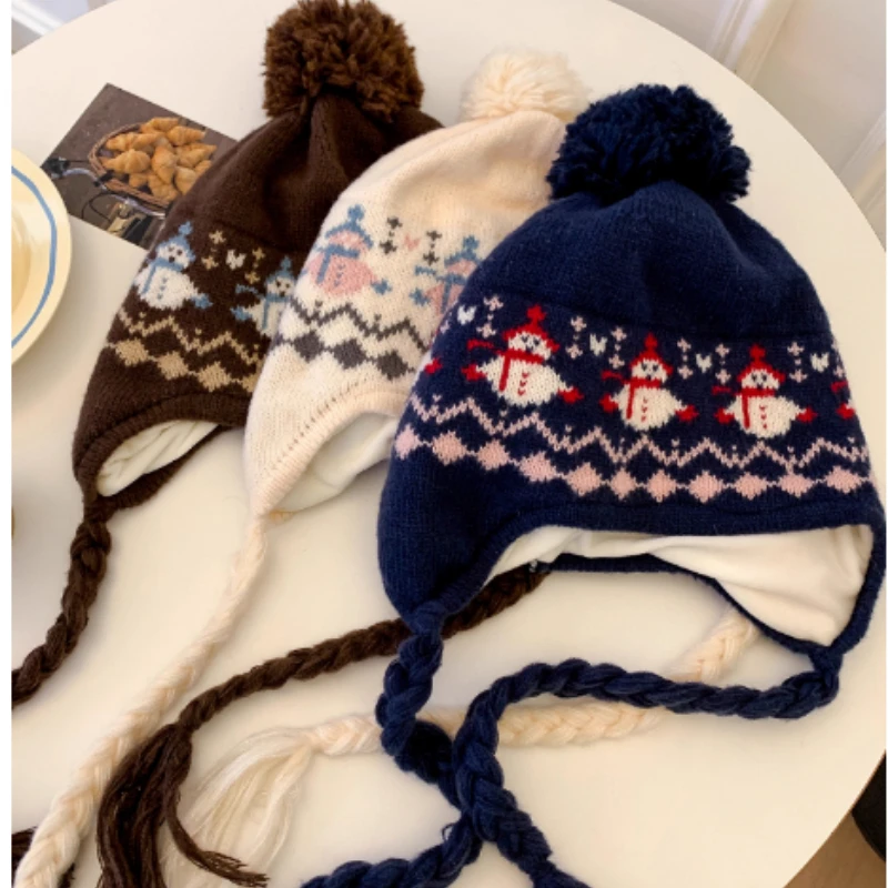 اليابانية معرض جزيرة نمط ثلج الجاكار الأذن البلوز قبعة قبعة للنساء الخريف والشتاء سميكة الدافئة الدانتيل متابعة قبعة متماسكة