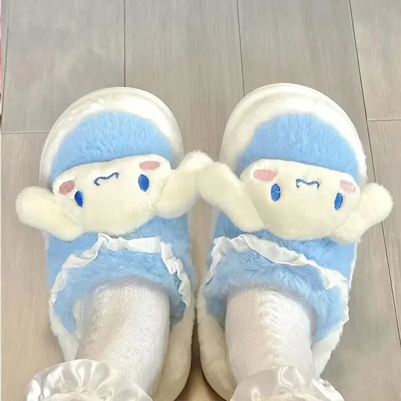 Sanrio Kuromis Melodys Cinnamorolls Thick Cotton Slippers Female Indoor Home Cute Winter Warm Thick Cartoon Fluffy Slippers