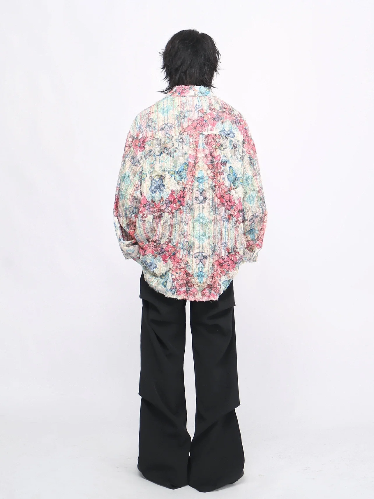 2025 Spring and Autumn New American Retro Design Butterfly Graffiti Print Red and Blue Loose Casual Long Sleeve Shirt