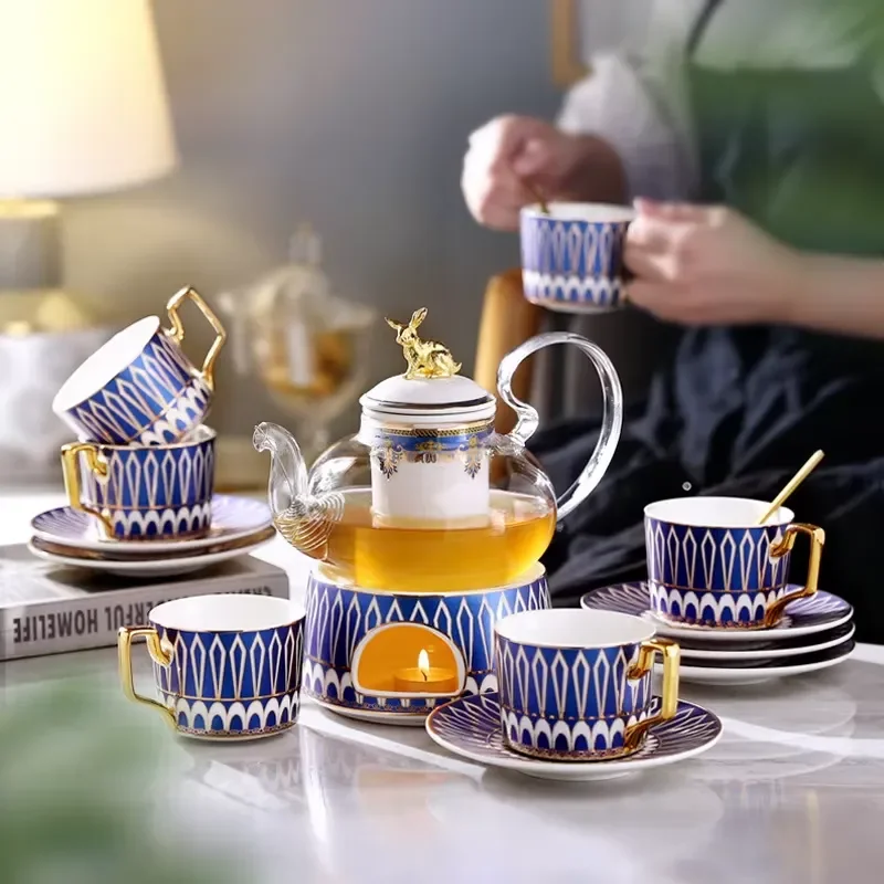 Elegant Ceramic Teapot Set with Glass Filter and Candle Warmer Classic Afternoon Tea Cup for Home Garden Outdoor Use Eco