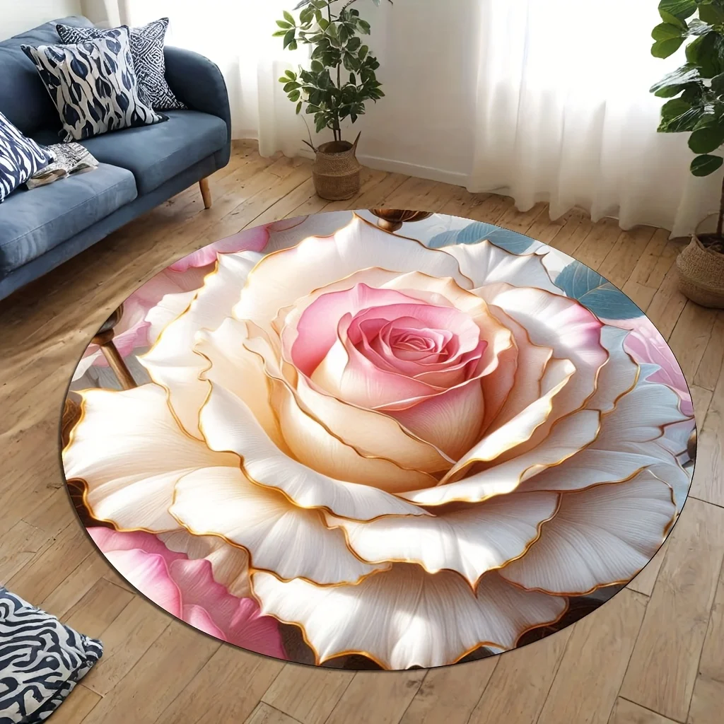 1pc 3d luxo rosa padrão tapete redondo, tapete antiderrapante para sala de estar, quarto, banheiro, decoração de casa de férias