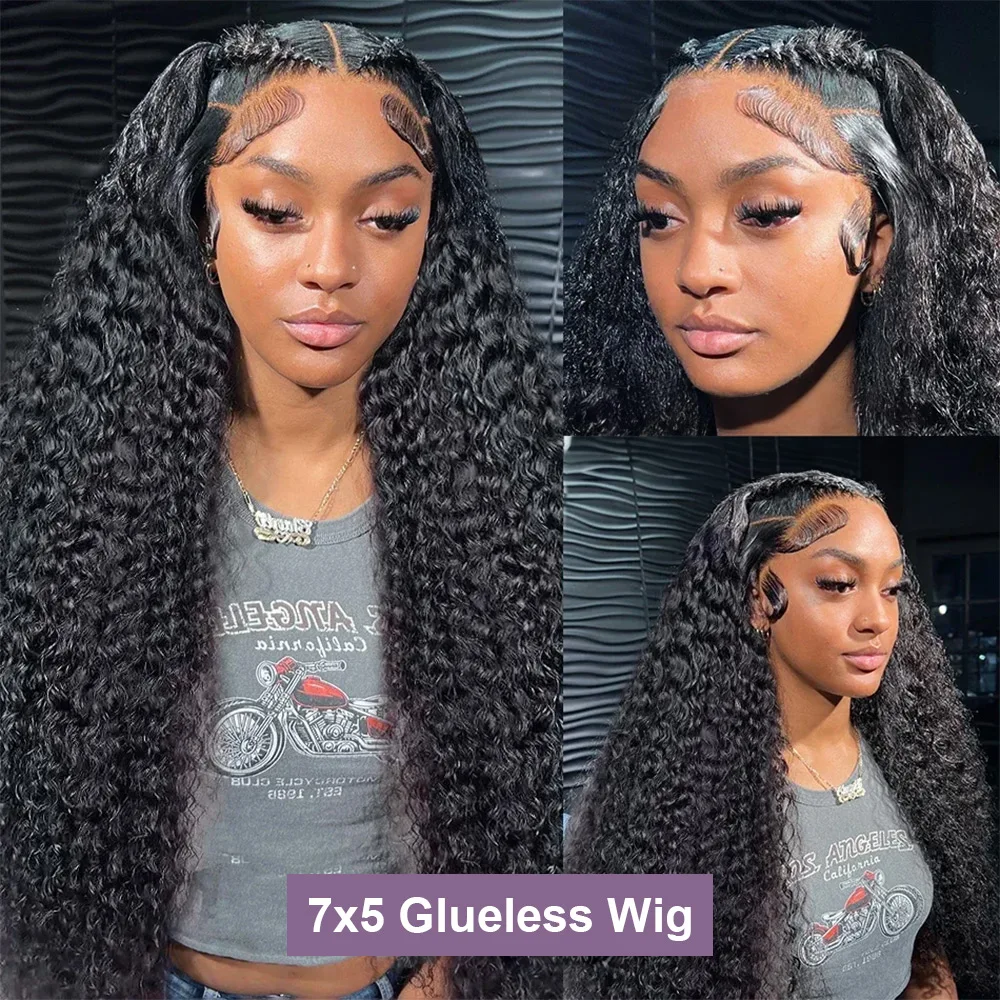 Deep Wave Gluelessวิกผม 13X4 ผมมนุษย์Wigsพร้อมสวมใส่โปร่งใส 7X5 ลูกไม้ด้านหน้าDeep Waveวิกผมก่อนPlucked Bleached Knots