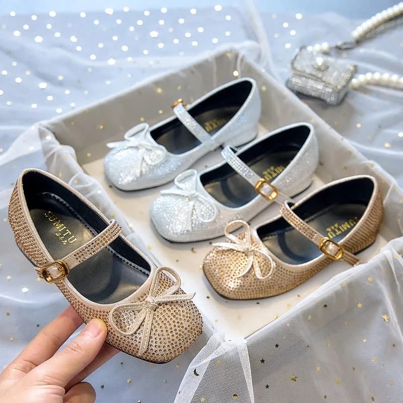 2026 New Spring Autumn Girls Low‑Heel Princess Shoes Little Kids Leather Soft‑Sole Crystal Single Shoes Matching Formal Dresses