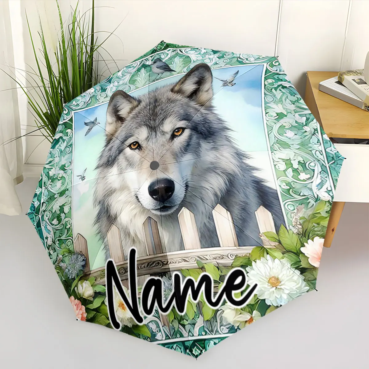 Custom Name Wolf Design Umbrella with Floral and Nature Motif Print 8 Iron Ribs Folding Umbrella Auto-Open Fashion Sunshade