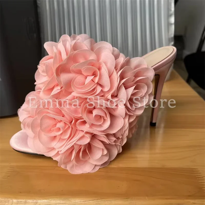 

Sweet Blue Floral High Heel Slippers Handmade Fabric Flowers Stiletto Sandals Women's Open Toe Elegant Party Evening Dress Shoes