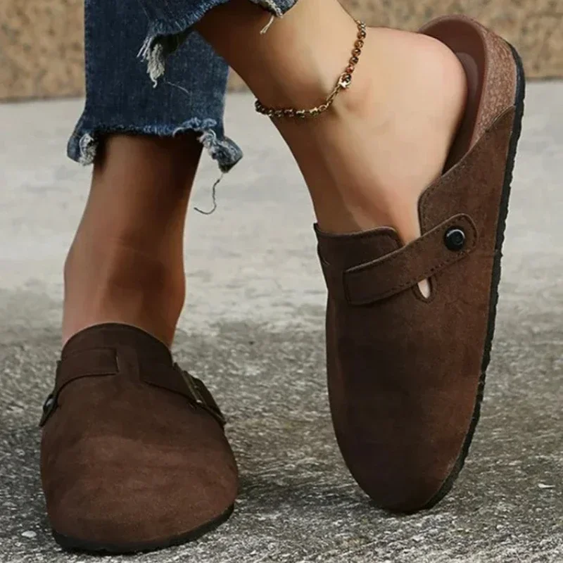 Fashion Women Casual Faux Suede Slippers Wedges Heel Cork Mules Platform Clog Non Slip Sole Buckle Outdoor Home Shoes