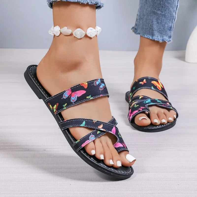 2024 Hot Selling Fashion Printed Versatile Women's Slippers Open Toe Thin Strap Combination Summer Beach Flip-Toe Women's Shoes