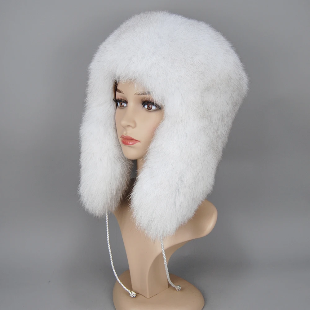 2024 Winter Unisex 100% Real Fox Fur Bomber Hat Raccoon Fur Ushanka Cap Trapper Russian Ski Hats Caps Real Leather Thick Warm