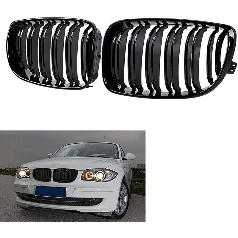 Glossy Black Dual Slats Front Kidney Grille Grill Replacement for BMW E81 E87 E82 E88 120I 128I 130I 135I Selected 2007-2011