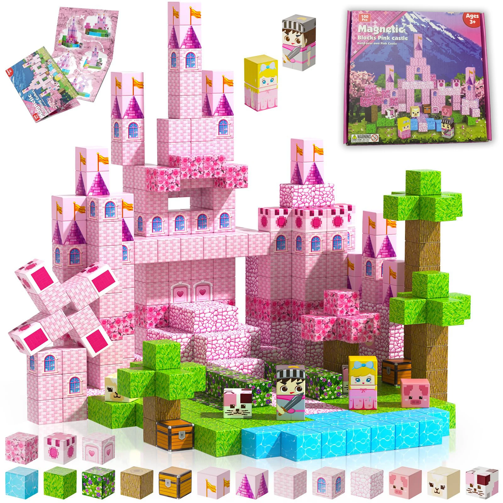 Magnetische blokken-100PCS magnetische bouwstenen, prinses kasteel bouwset, STEM-leerspeelgoed voor kinderen kerstcadeaus