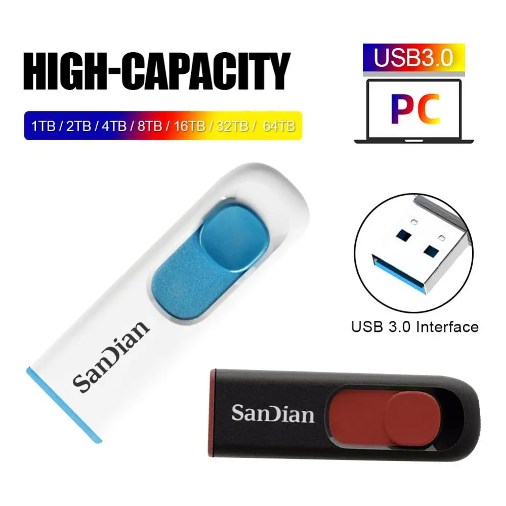 Sandian-Mini PenDrive USB 3,0, unidad Flash rápida, 64TB, 32TB, 16TB, Cle, Super Memory Stick U Disk para TV, ordenador