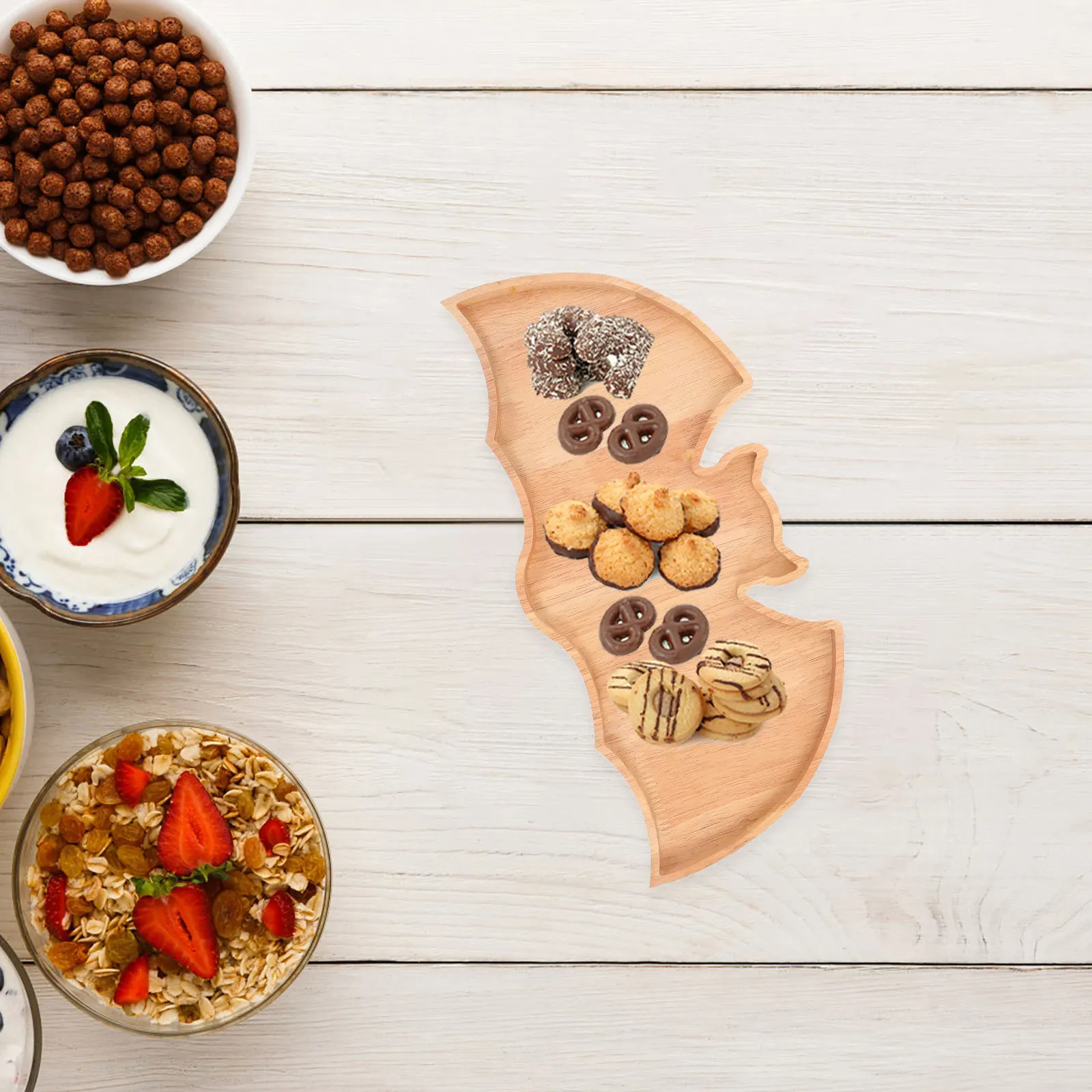 

Wood Bat Shape Fruit Plate Halloween Rustic Serving Dish Candy Snack Pastry Bread Holder for Party Food Display