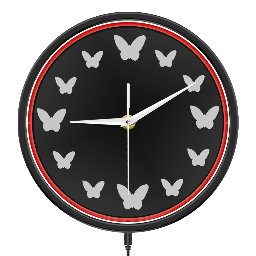 

Butterfly Illuminated Night Light Wall Clock for Girls Room Dorm Feminine Luminous Home Decor Metal Frame LED Glowing Wall Clock