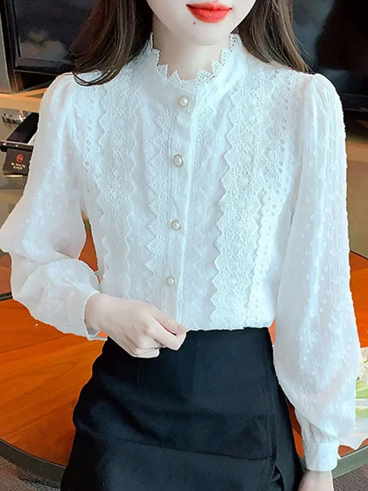 Fashion Long Sleeve White Lace Blouse Shirt Women Tops Blusas Mujer De Moda 2024 Elegantes Stand Collar Blouse Women Blusa H255