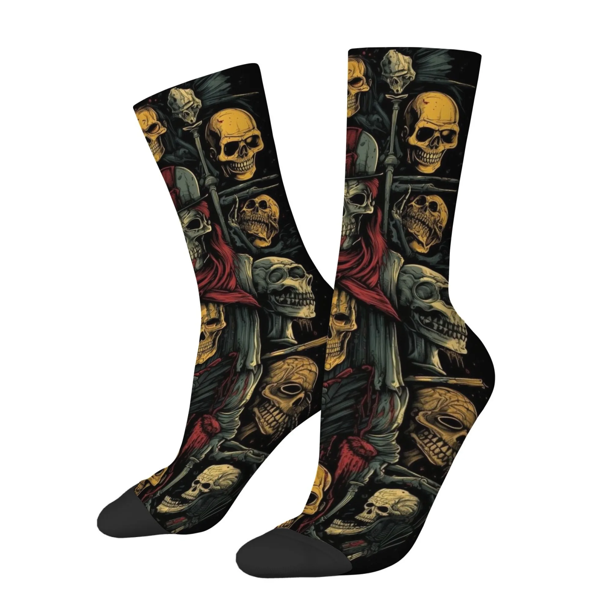 Horror-themed Fun Skull Print Men's Mid-calf Socks Street Hip-hop Quirky Retro Harajuku Socks Non-slip Breathable Sports Socks