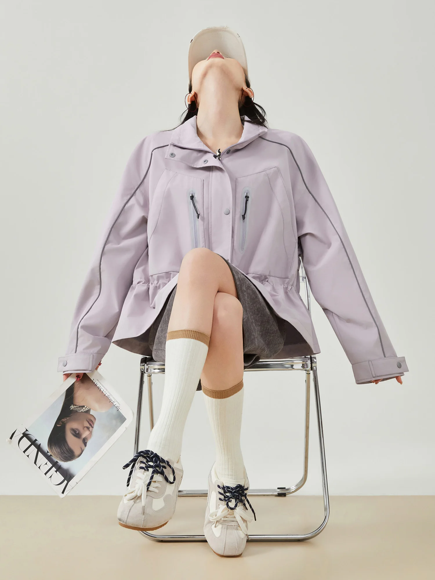 

Свободная функциональная куртка для активного отдыха в корейском стиле, фиолетовая, с воротником-стойкой, ветрозащитная, для женщин, корректирующая фигуру