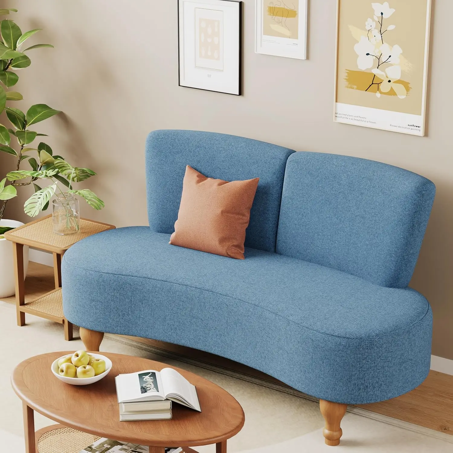 Small Curved Loveseat Sofa with Backrest & Wooden Legs for Dining Living Bedroom Furniture, Blue, Customized