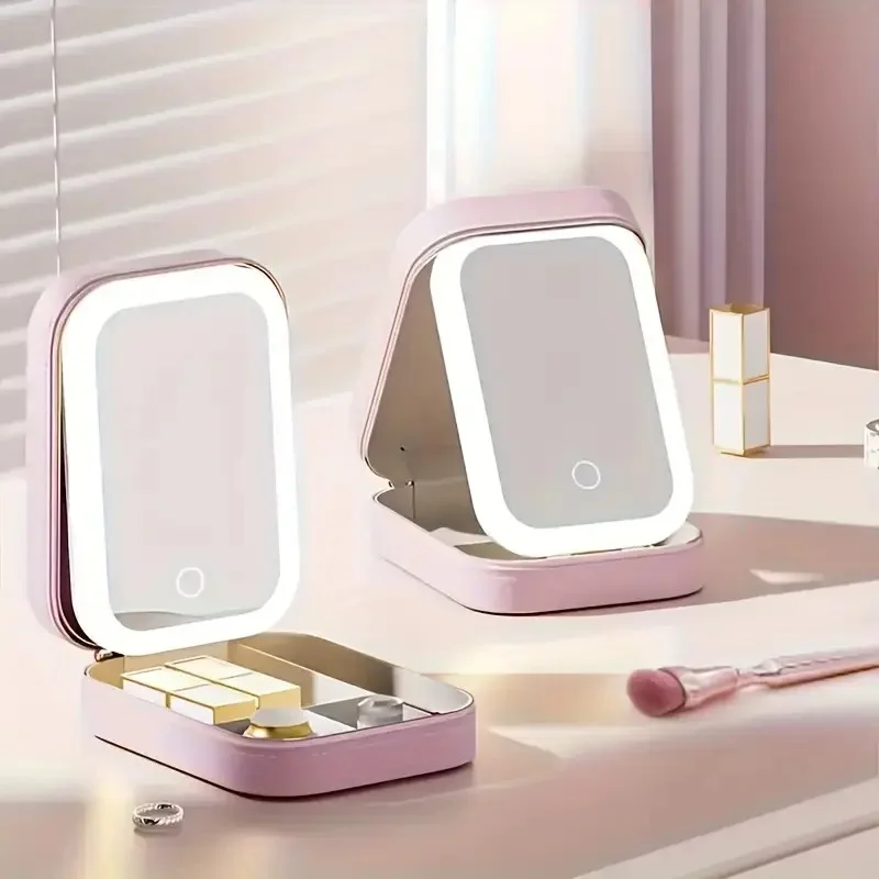 Pink LED Makeup Mirror with USB Charging, Foldable Travel Cosmetic Organizer, Jewelry Storage, Portable Beauty Essential for Stu