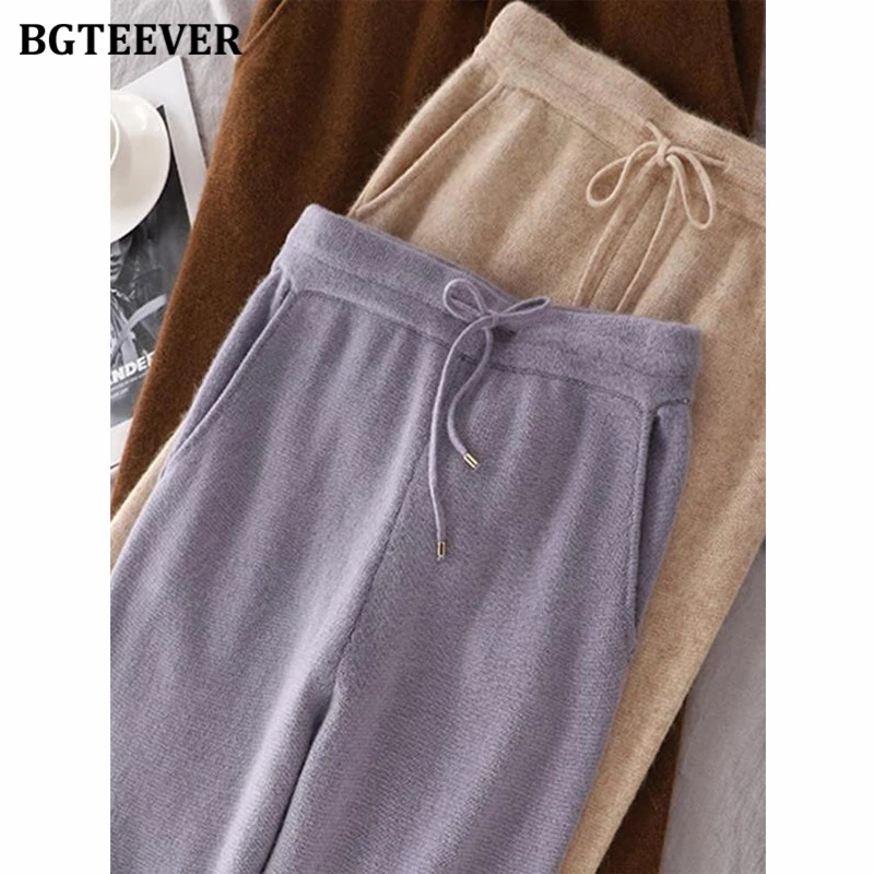 BGTEEVER Stylish Loose Pockets Warm Female Wide Leg Trousers Autumn Winter Elastic Waist Lace-up Women Sweater Pants