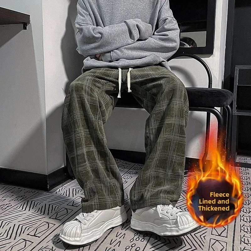 

Men's Autumn Winter Plaid Pants Loose Straight Leg Drapey Briti Sle Casual Retro Spring Trendy Hong Kong Sle Loose Trou...