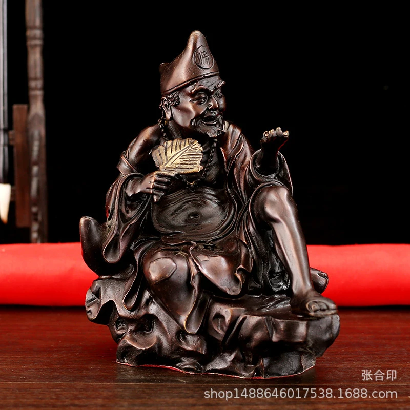 Bronze Statue Of Living Buddha Ji Gong Holding A Fan, Sitting As God Of Mercy, For Home Worship Of The Bodhisattva, Drag