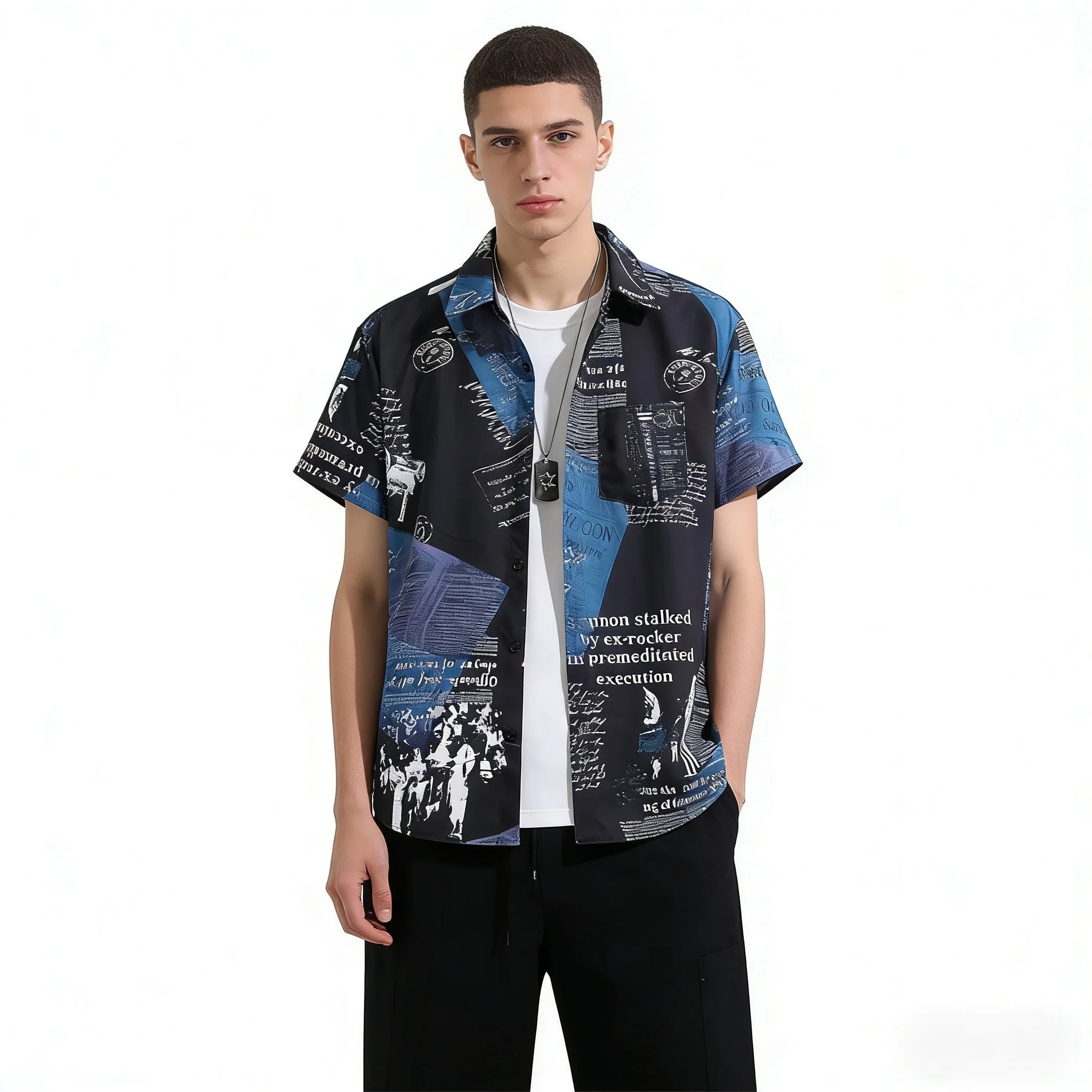Men's Black White Short Sleeve Casual Shirt Loose Fit Beach T-Shirt Hawaiian Lapel Single Button Fashion Top