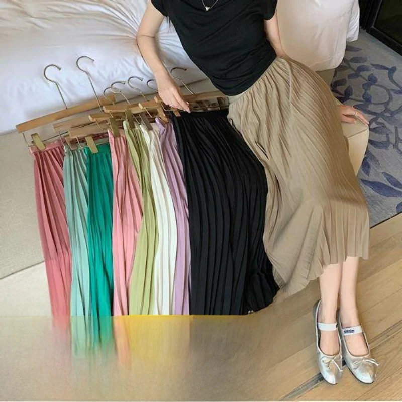 กระโปรงพลีทเอวสูงเนื้อผ้าแบบใหม่ รุ่นใหม่ เรียบง่าย สไตล์ Ciwalk ผลิตจากเส้นใยโพลีเอสเตอร์ สองสี ความยาวปานกลาง
