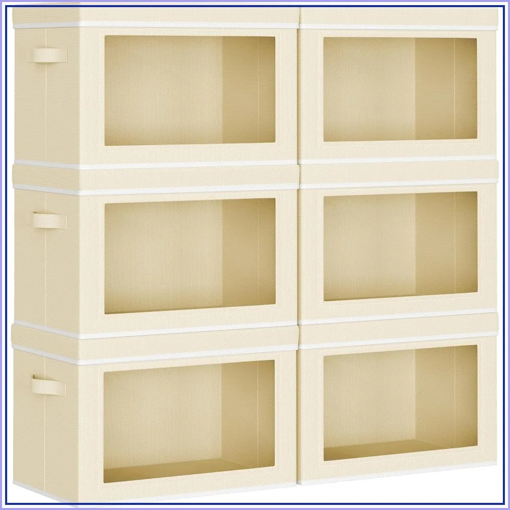 

Collapsible Storage Bins with Lids - Stackable Fabric Organizing Bins for Closet, Home & Office, 6 Pack, 14.9" x 9.8" x 9.8", Beige