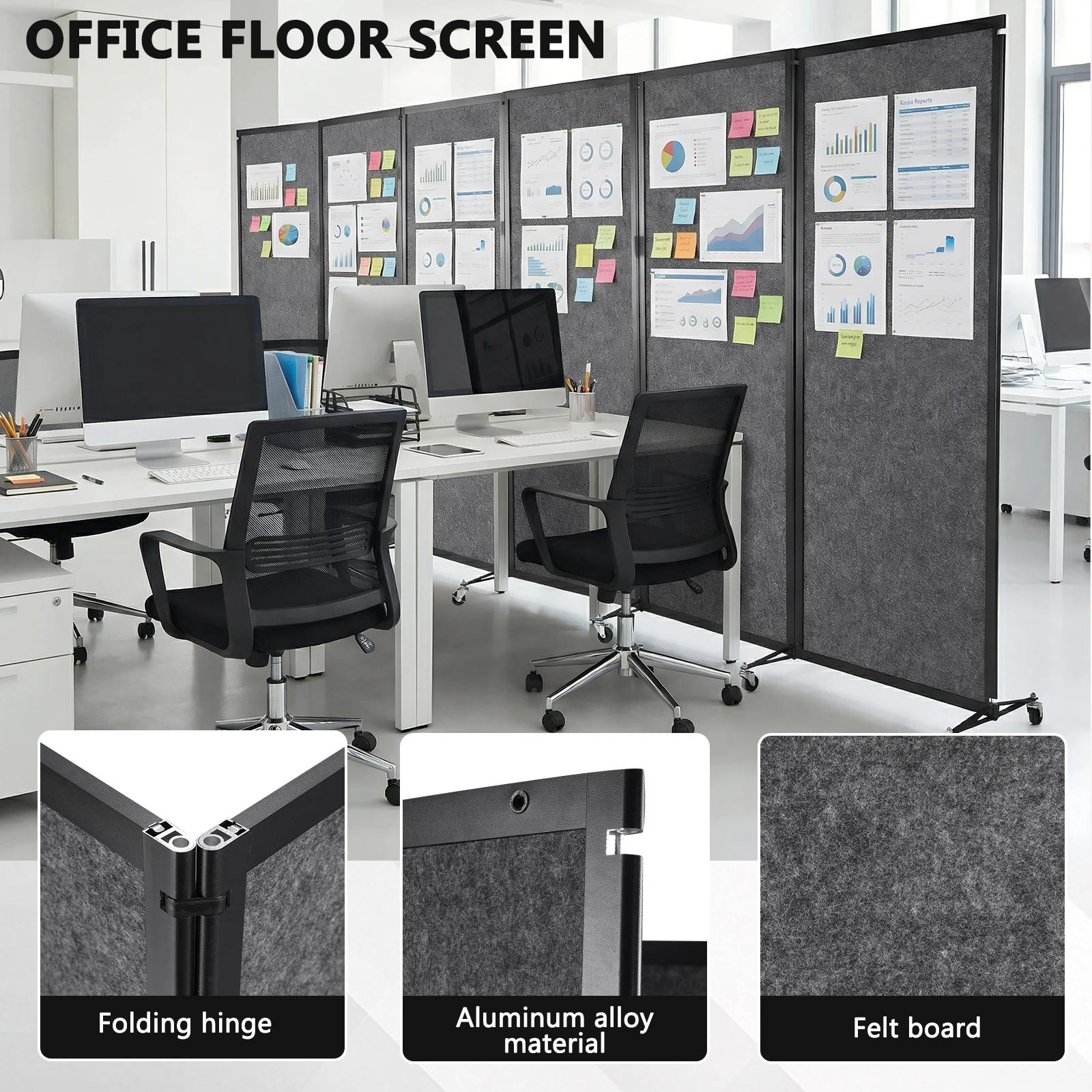 

Rolling Privacy Room Divider with Lockable Wheels Portable Commercial Screen with Felt Board for Home Dorm Decor