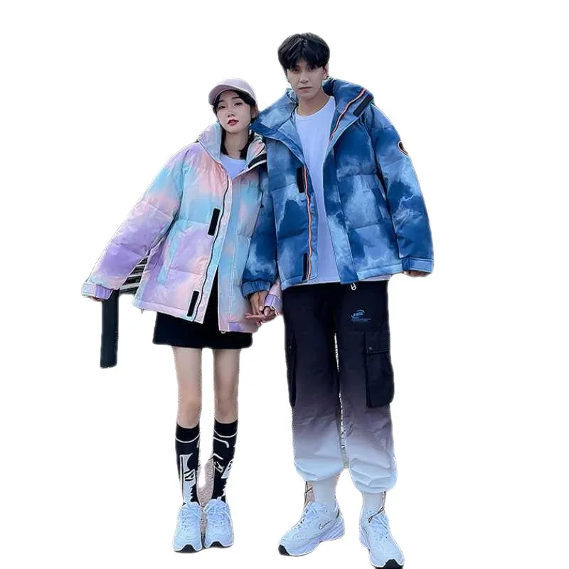 Tie Dye Cotton Puffer Parkas para Casais, Sobretudo acolchoado grosso e quente, Jaqueta térmica à prova de vento, Casacos, Moda