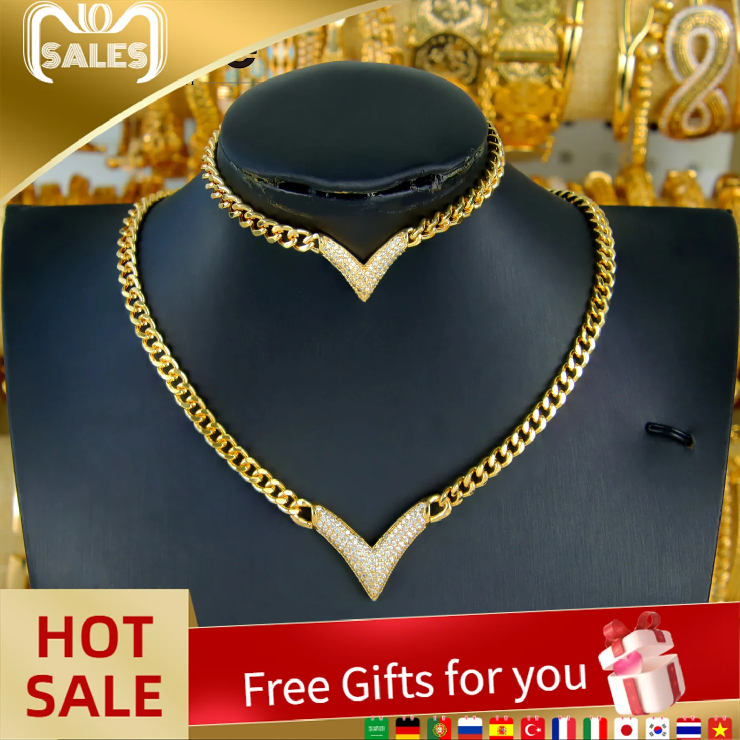 

Luxury Dubai Gold Plated Necklace Set 21k Gold Color Italian Full 5A Zircon Choker Pendant Saudi Women Chic Wedding Jewelry