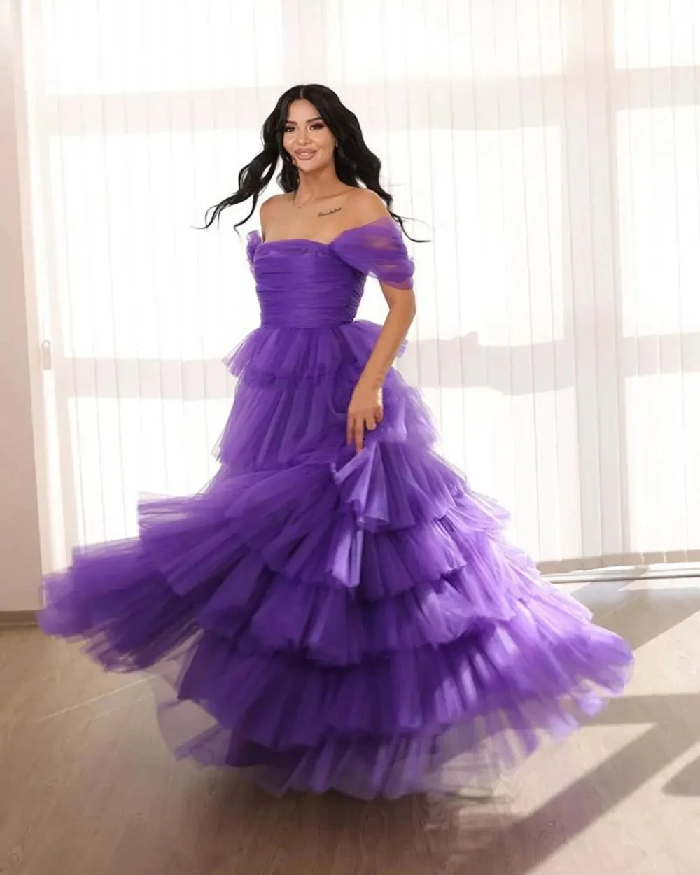 

Flora Dress Purple Tulle Prom Dress A Line Strapless Off Shoulder Evening Gowns Tiered Pleat Vestidos Para Eventos Especiales