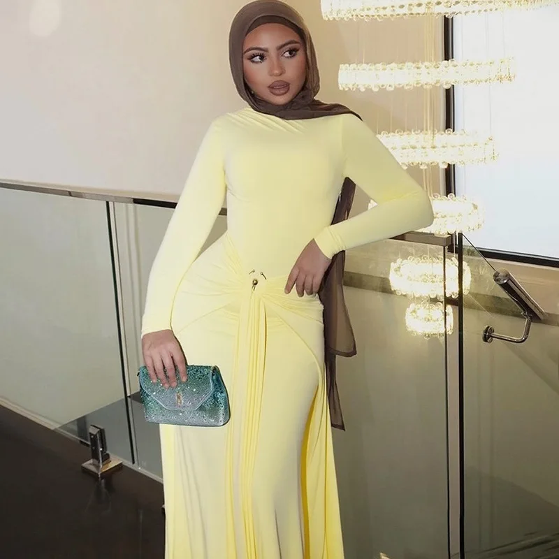 

2025 Trend Long Sleeves Skirt Sets Women Fashion Conservative Dresses Elegant Party Dress Chic Beach Outing Female Bandage Suit