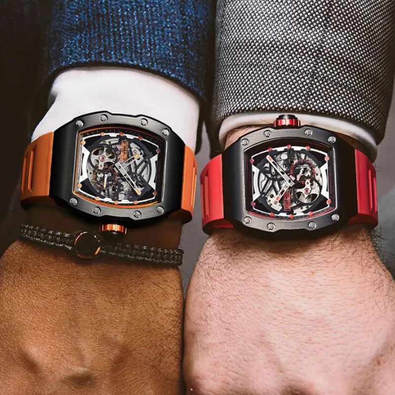

BONEST GATTI Men Automatic Watch 42mm Tonneau Mechanical Wristwatch 50M Waterproof Sapphire Luminous Skeleton Dial