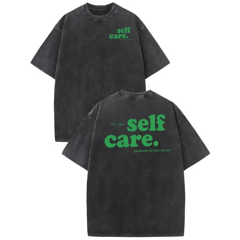 

Washed tee with “self care.” slogan, EST. 2009 & Mac Miller “SWIMMING” detail
