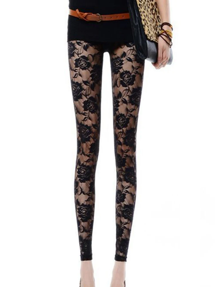 Lace Leggings Women Sexy High Waist Black Skinny Floral Stretch Workout Leggins Streetwear